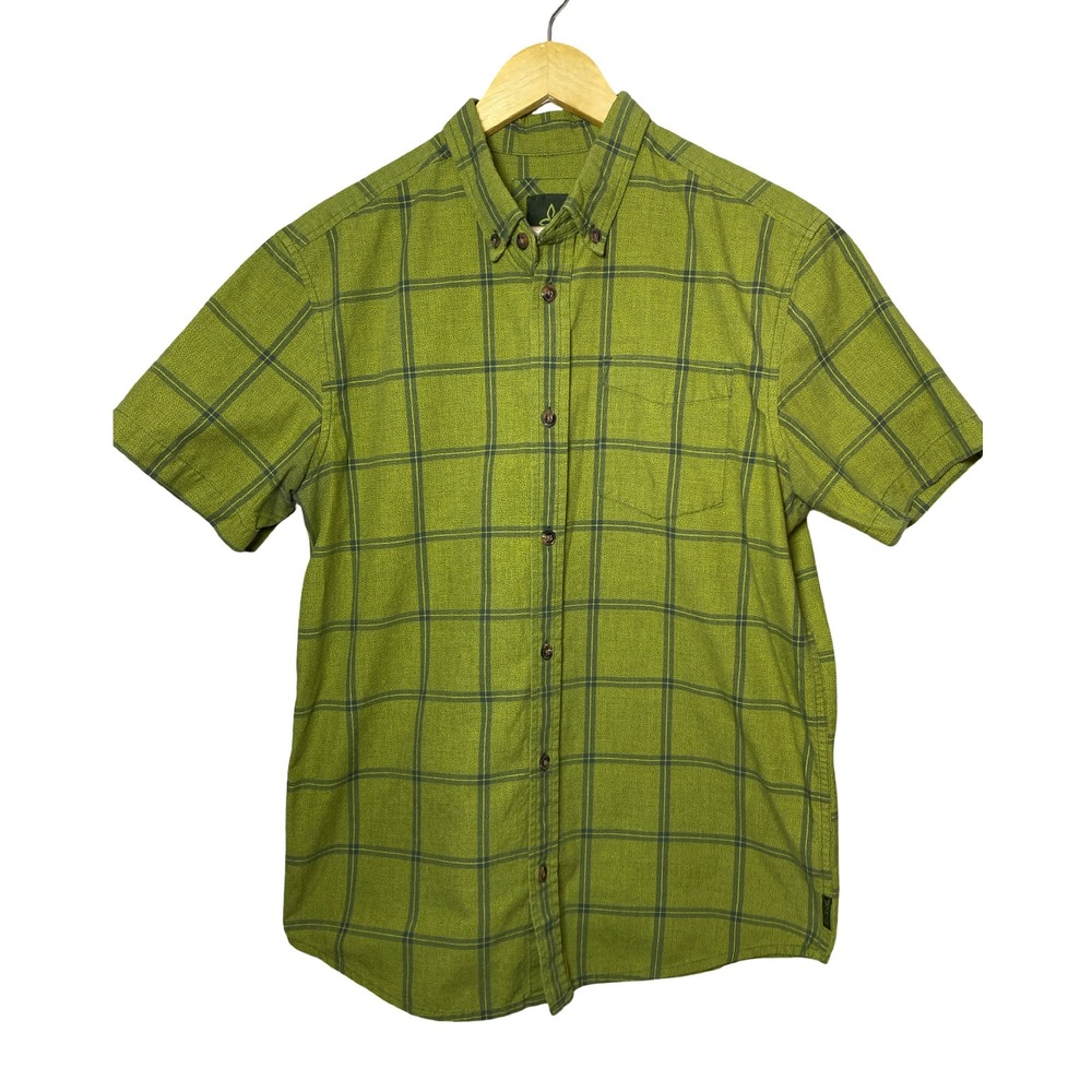 Prana Mens Organic Cotton Blend Plaid Short Sleeve Button Down Shirt Green Med